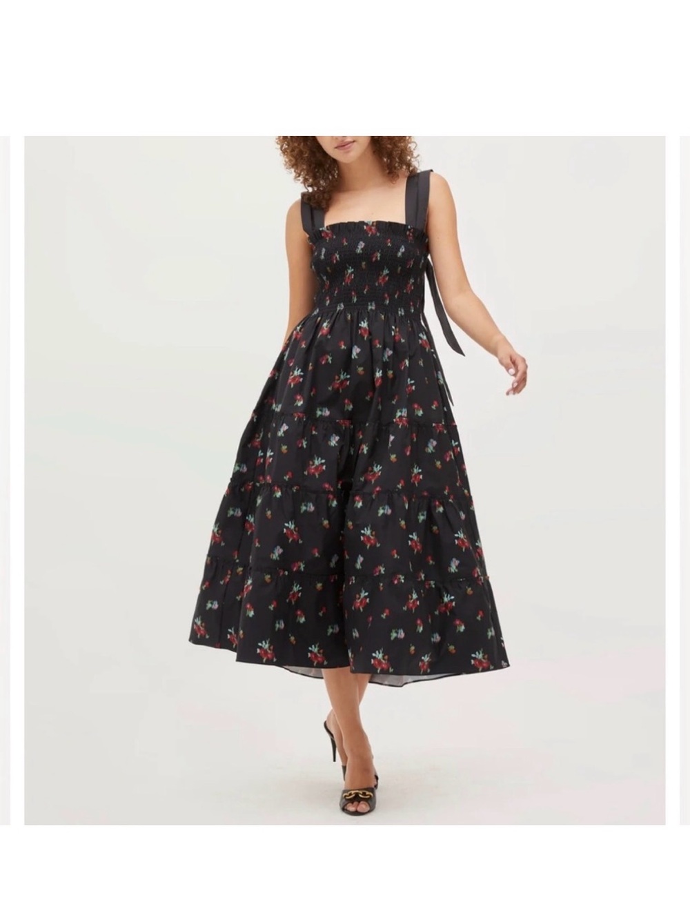 Hill House Nap Dress Black Floral Tie-Shoulder Midi Dress